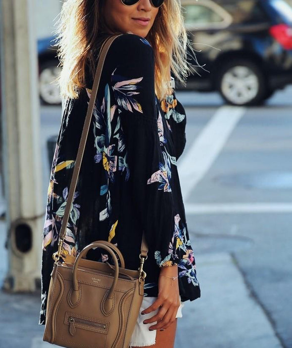 Chiffon Print V- neck Long Sleeve Blouses