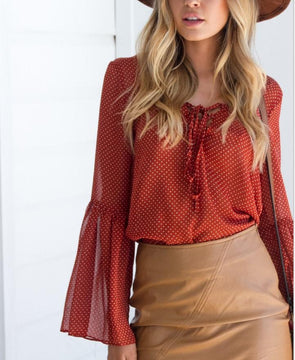 Chiffon Dots Bandage V- neck Bell Sleeve Blouses