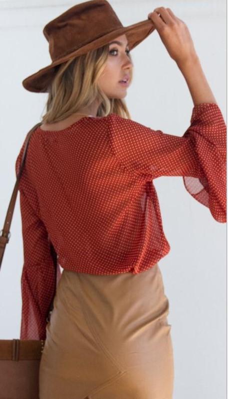 Chiffon Dots Bandage V- neck Bell Sleeve Blouses