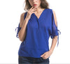 Chiffon Bowknot Bandage V- neck Short Sleeve Blouses