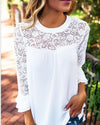 Chiffon Lace Patchwork Openwork Round Neck Long Sleeve Tops