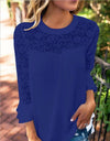 Chiffon Lace Patchwork Openwork Round Neck Long Sleeve Tops