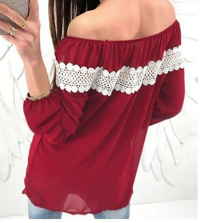 Chiffon Lace Patchwork Off Shoulder Long Sleeve Blouses