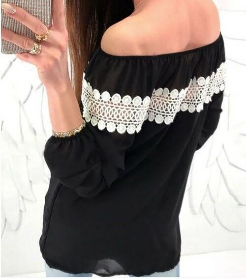 Chiffon Lace Patchwork Off Shoulder Long Sleeve Blouses