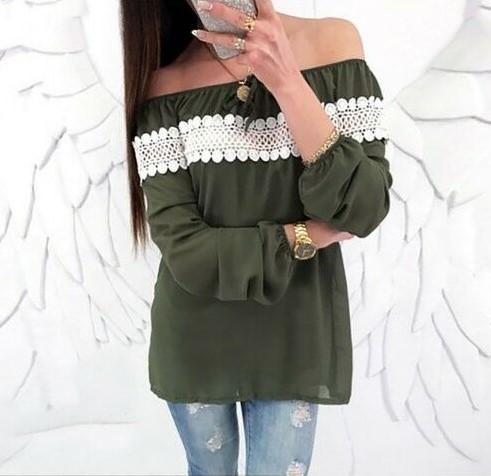 Chiffon Lace Patchwork Off Shoulder Long Sleeve Blouses