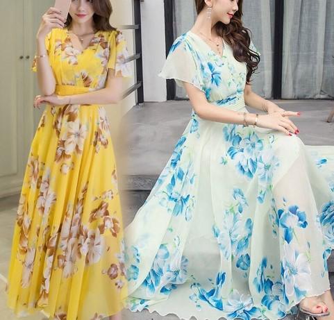 Chiffon V-neck Short Sleeve Floral Plus Size Maxi Dresses