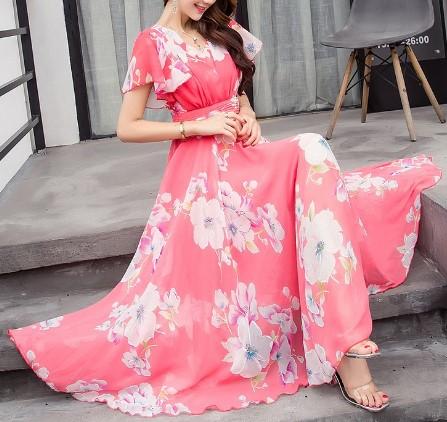 Chiffon V-neck Short Sleeve Floral Plus Size Maxi Dresses