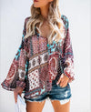 Chiffon Print Loose V- neck Long Sleeve Blouses