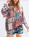 Chiffon Print Loose V- neck Long Sleeve Blouses