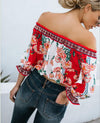 Chiffon Print Off Shoulder 3/4  Sleeve Blouses