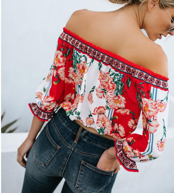 Chiffon Print Off Shoulder 3/4  Sleeve Blouses