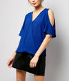 Cold Shoulder Lacing Up V-neck Solid Chiffon Plus Size Tops