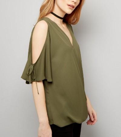 Cold Shoulder Lacing Up V-neck Solid Chiffon Plus Size Tops