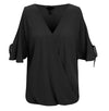 Cold Shoulder Lacing Up V-neck Solid Chiffon Plus Size Tops