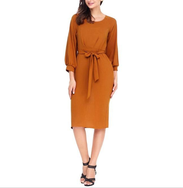 Chiffon Bandage 3/4  Sleeve Round Neck Bodycon Dresses