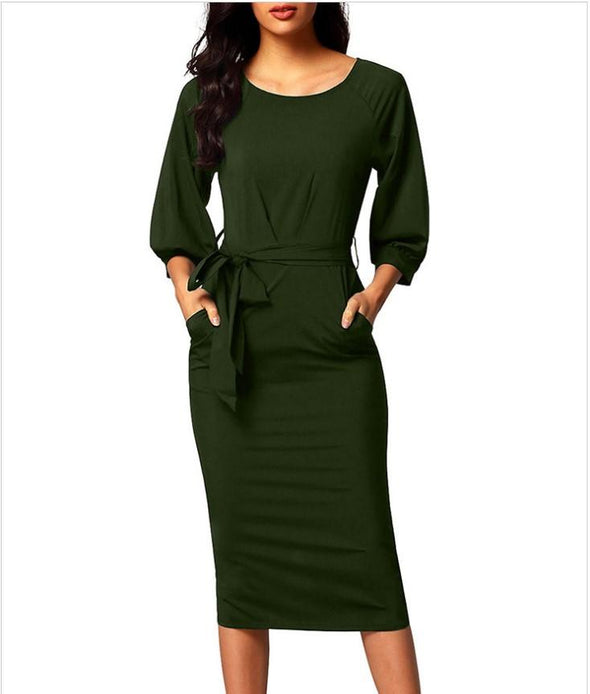 Chiffon Bandage 3/4  Sleeve Round Neck Bodycon Dresses