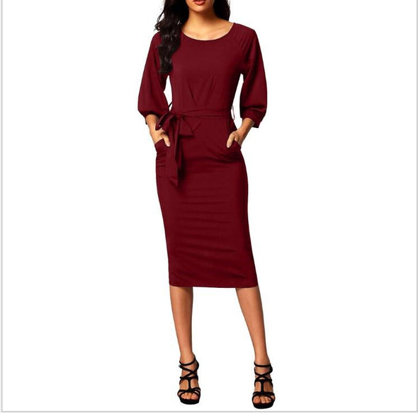 Chiffon Bandage 3/4  Sleeve Round Neck Bodycon Dresses