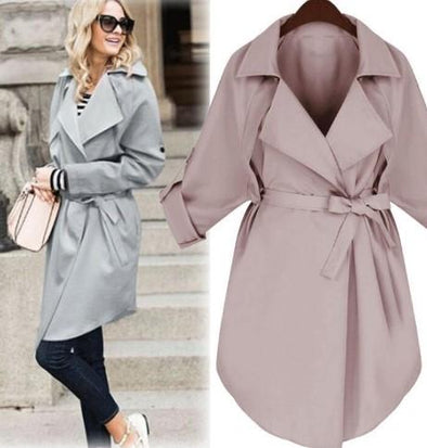 Cotton Solid Lapel Bandage Knee Length Casual Coats