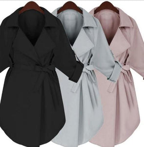 Cotton Solid Lapel Bandage Knee Length Casual Coats