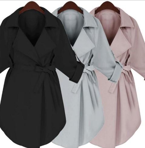 Cotton Solid Lapel Bandage Knee Length Casual Coats