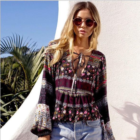 Beautiful Floral-Print Long Sleeve Deep V Neck Bohemia Blouses