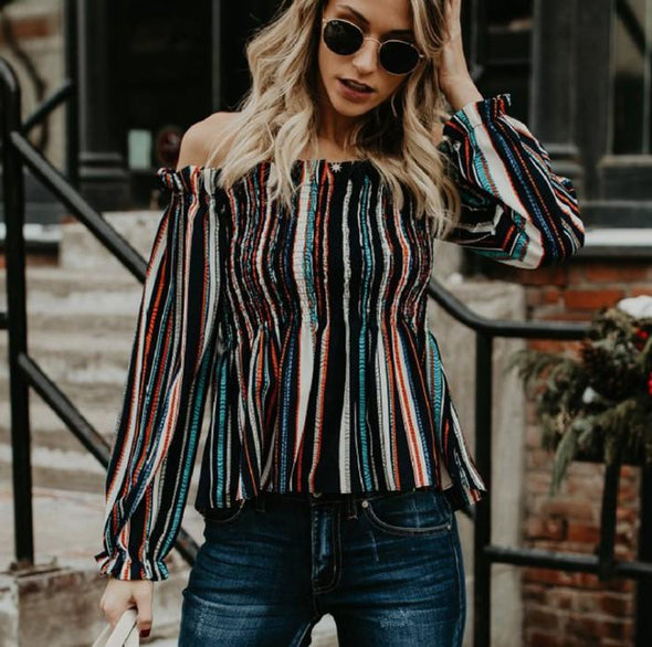 Colorful Stripe Off Shoulder Long Sleeve Blouses