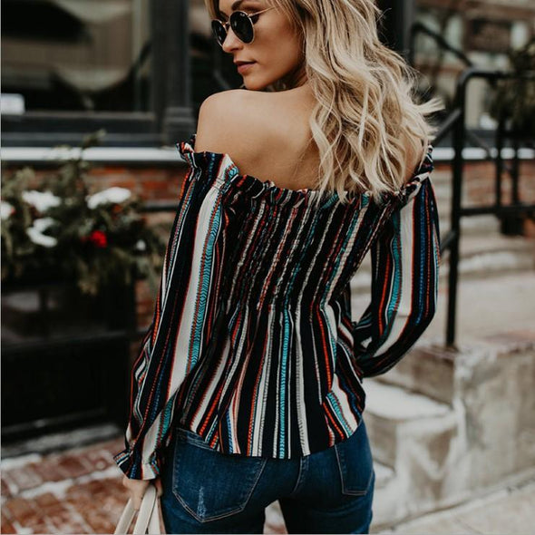 Colorful Stripe Off Shoulder Long Sleeve Blouses