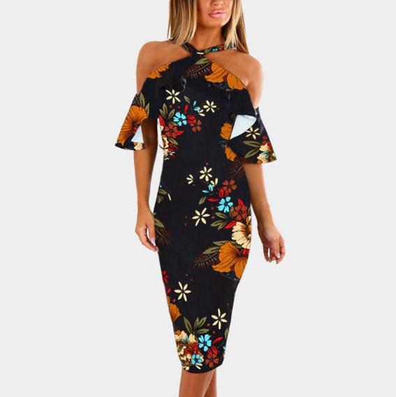 Bandage Cold Shoulder High Waist Floral Dresses