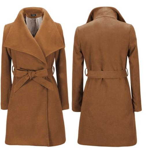 Bandage Lapel Solid Color Woolen Long Casual Coats