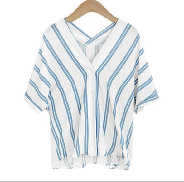 Cotton and Linen Stripe V- neck Dolman Sleeve Shirt