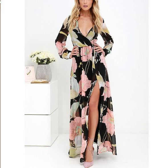 Bandage V Neck Long Sleeve Floral Dresses