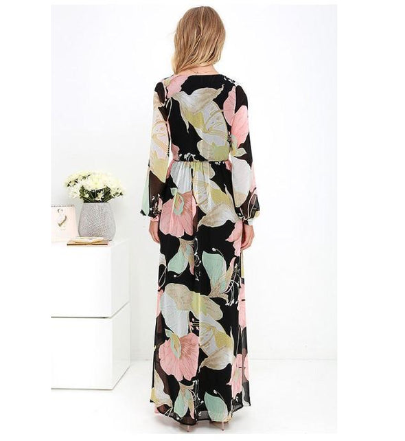 Bandage V Neck Long Sleeve Floral Dresses