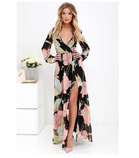 Bandage V Neck Long Sleeve Floral Dresses