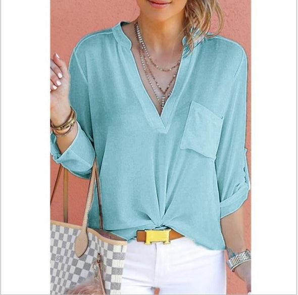 Casual Chiffon Solid Color V- neck Long Sleeve Shirt