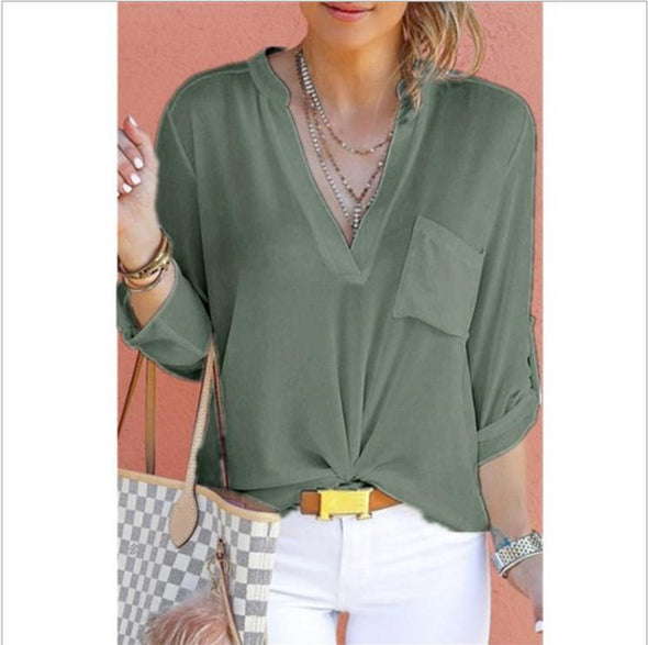 Casual Chiffon Solid Color V- neck Long Sleeve Shirt