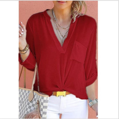 Casual Chiffon Solid Color V- neck Long Sleeve Shirt