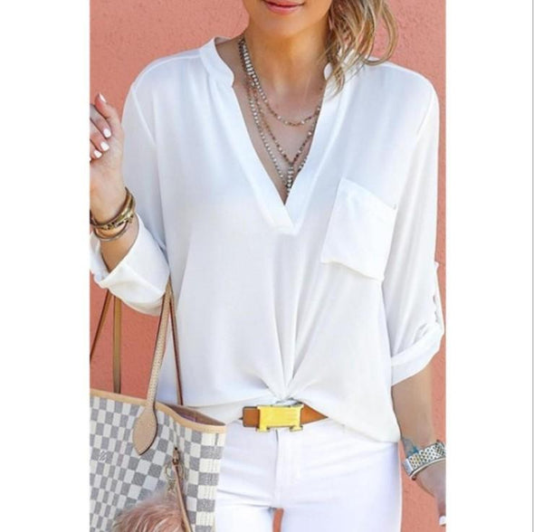 Casual Chiffon Solid Color V- neck Long Sleeve Shirt