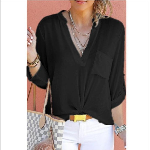 Casual Chiffon Solid Color V- neck Long Sleeve Shirt