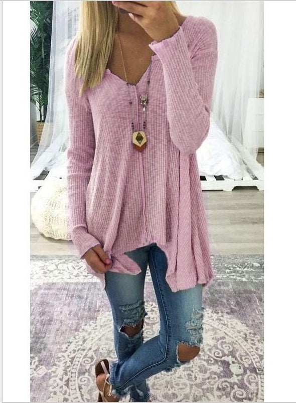 Casual Knitting V-Neck Long Sleeve Blouses