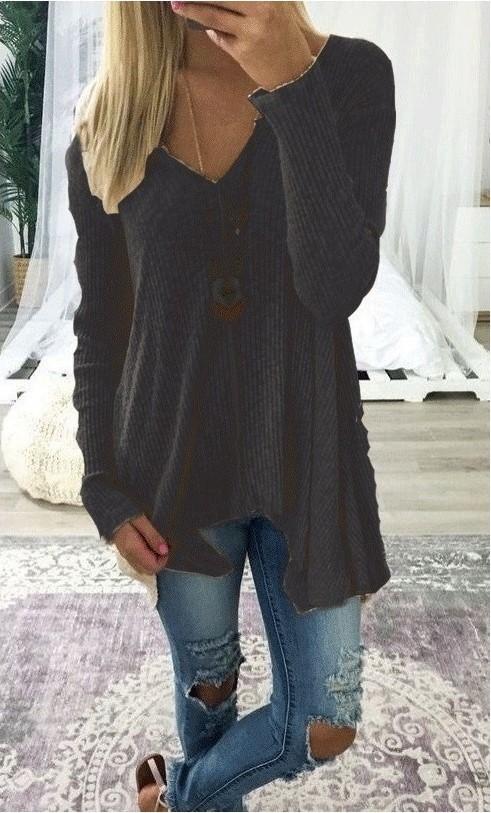 Casual Knitting V-Neck Long Sleeve Blouses