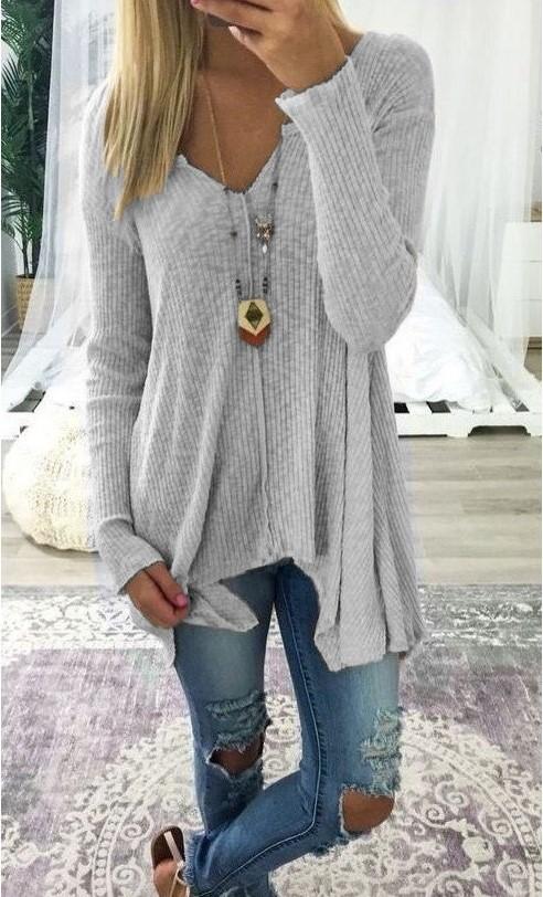 Casual Knitting V-Neck Long Sleeve Blouses