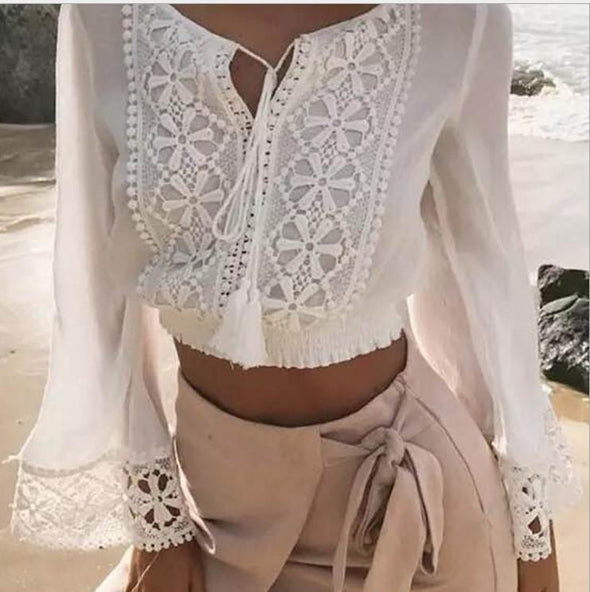 Cotton Patchwork Lace Round Neck Long Sleeve Blouses