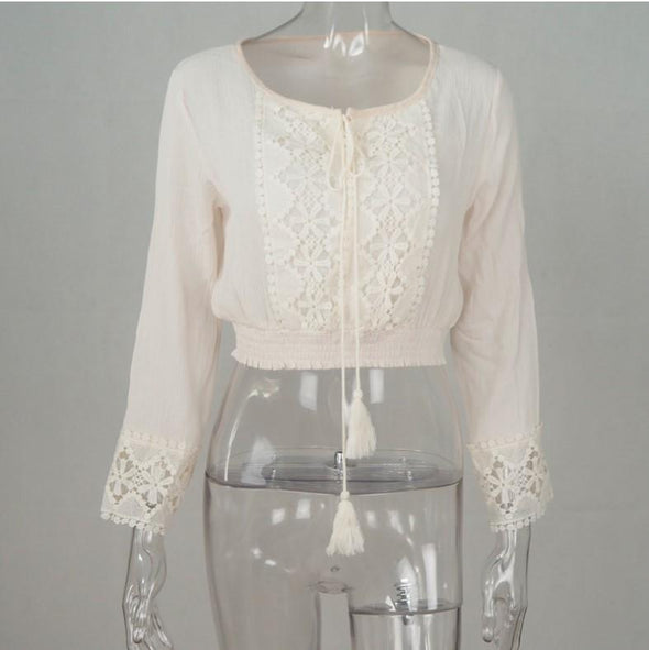 Cotton Patchwork Lace Round Neck Long Sleeve Blouses