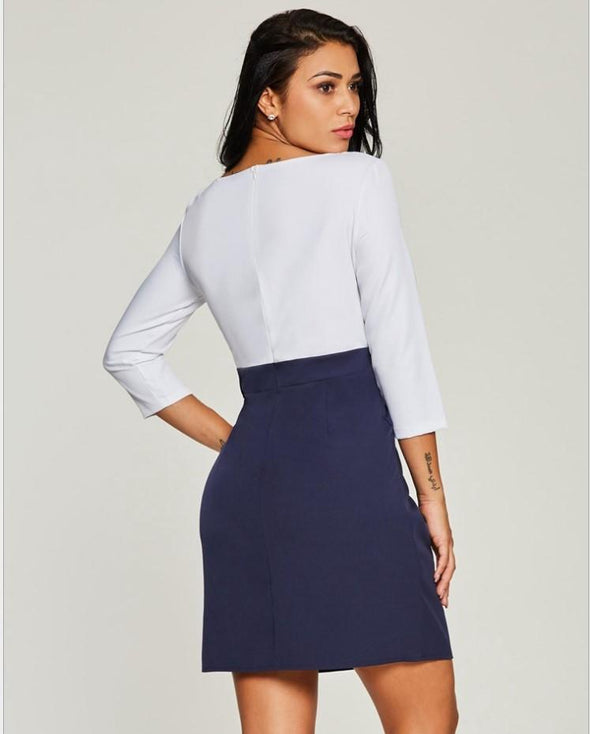 Blue and White Patchwork Round Neck Long Sleeve Bodycon Dresses