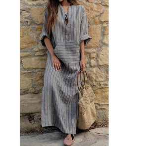 Cotton and Linen Long Sleeve Striped Shift Dresses