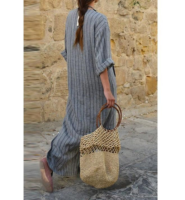 Cotton and Linen Long Sleeve Striped Shift Dresses