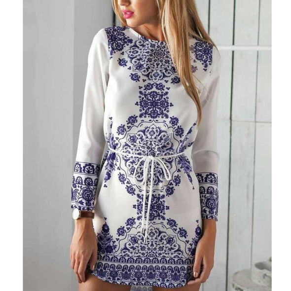 Bandage Printing Long Sleeve Shift Dresses