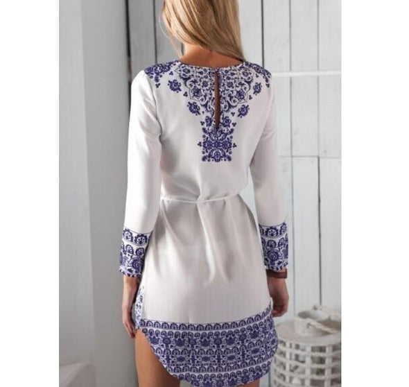 Bandage Printing Long Sleeve Shift Dresses