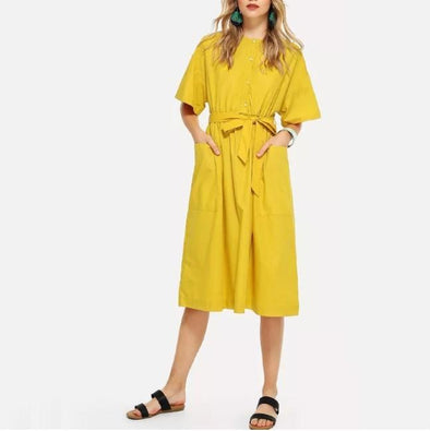 Bandage Pure Color Round Neck Short Sleeve Shift Dresses