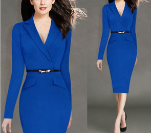 Belt Suit Collar Long Sleeve V- neck Bodycon Dresses